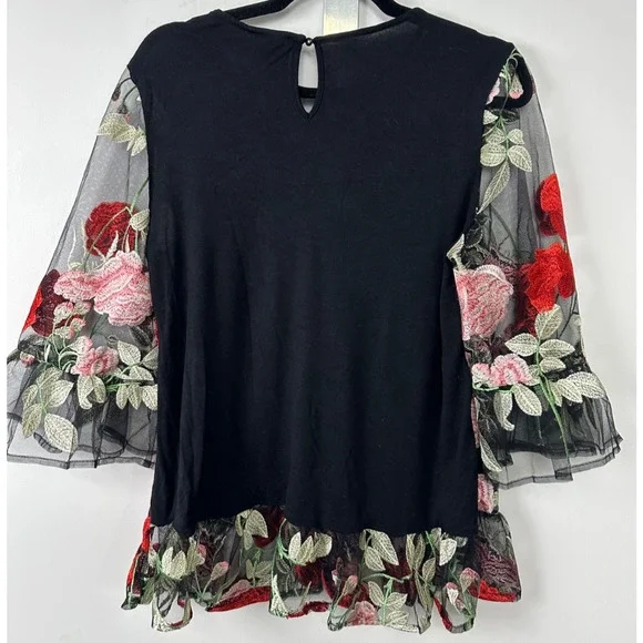 Beige by eci Black Embroidered Floral Blouse Sheer Bell Sleeve L Lined Party D31 - Picture 5 of 7